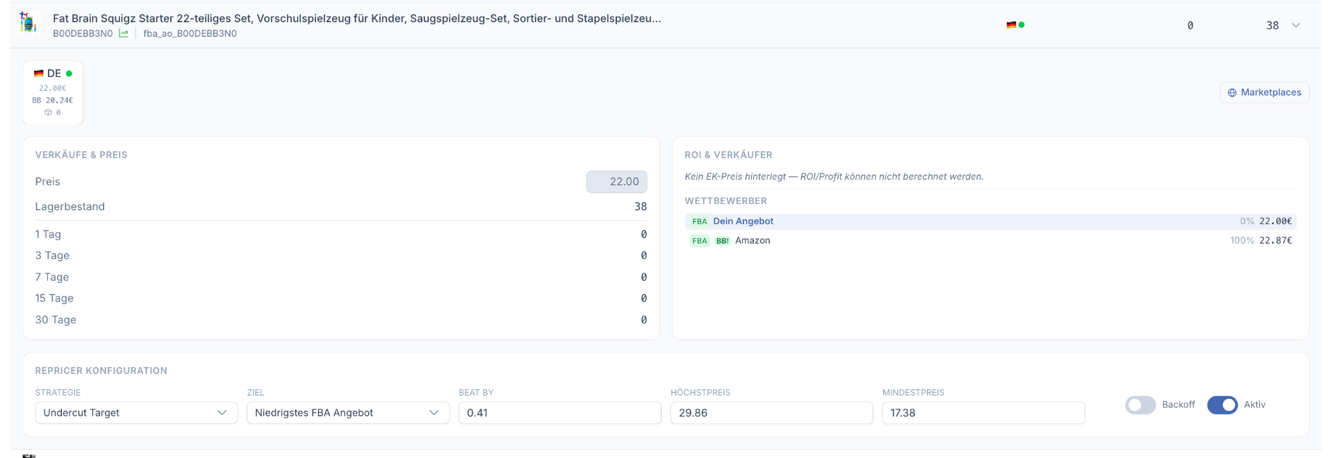 Amazon Repricer Konkurrenz-Analyse: BuyBox-Timeshare, Wettbewerber-Preise und FBA/FBM Tracking