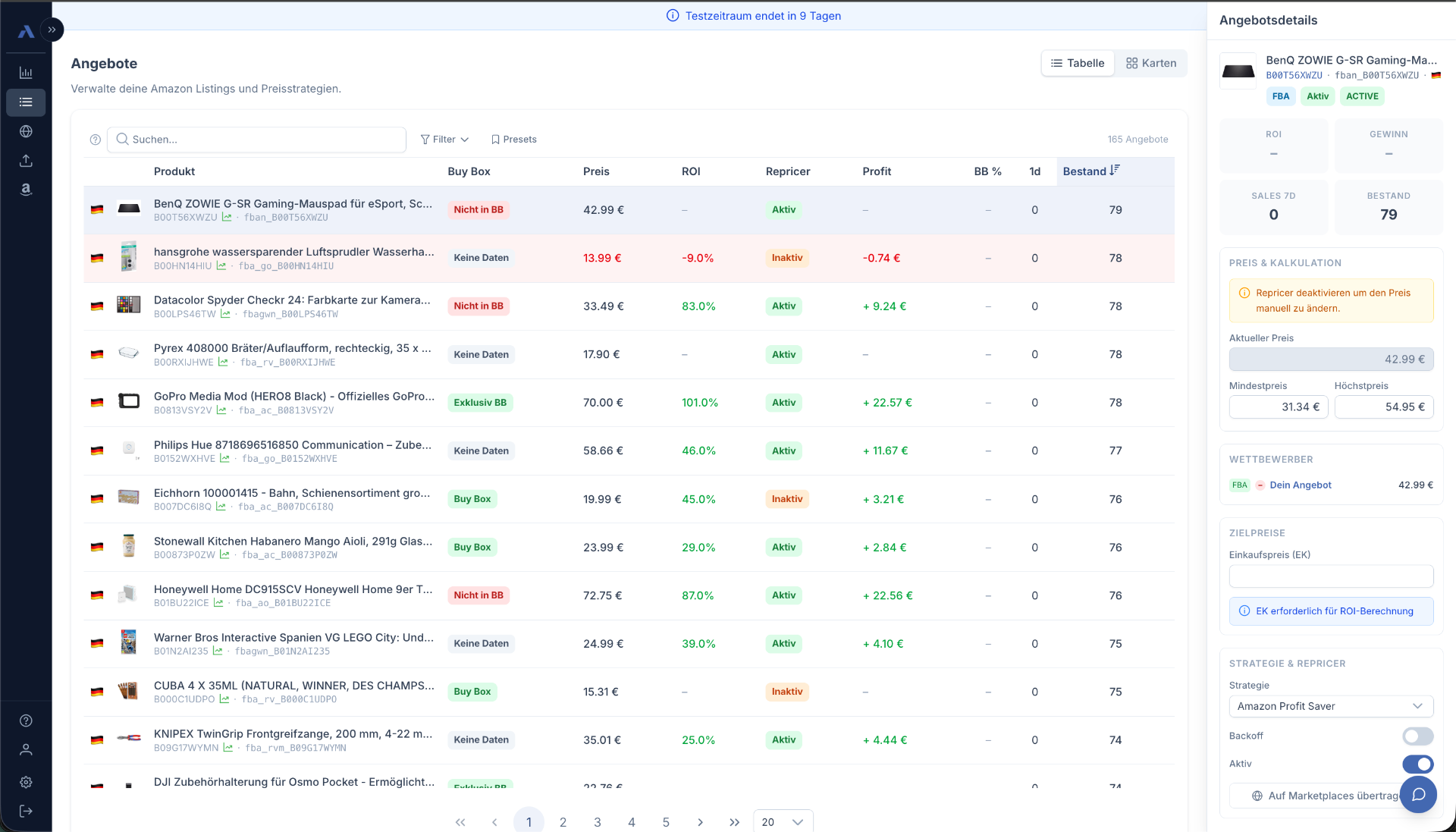 Amazon Repricer Dashboard: Angebote-Übersicht mit BuyBox-Status, ROI und Repricing-Strategien